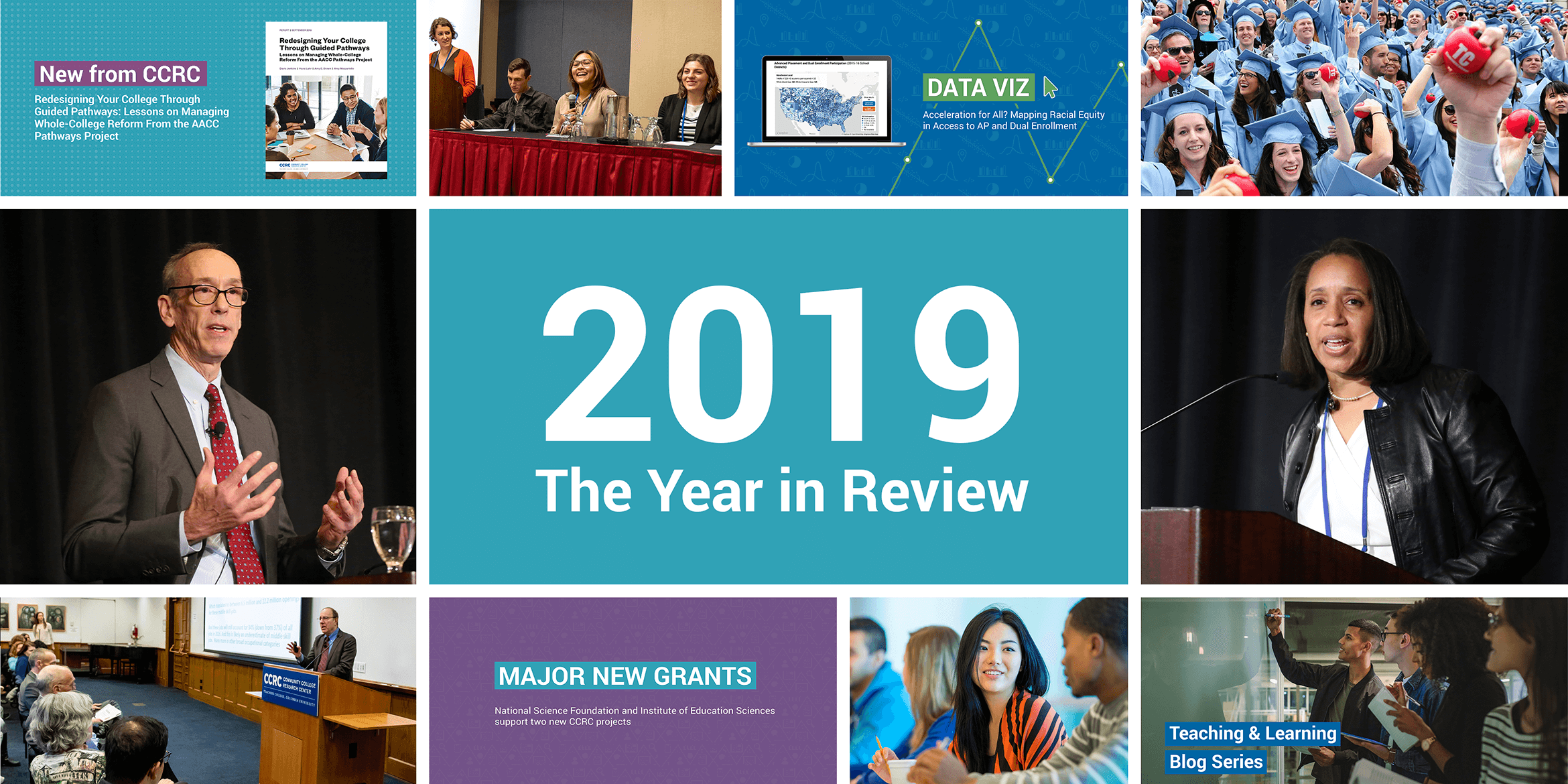 Images of Thomas Brock, Nikki Edgecombe, new papers, TC graduation, and the CAPR conference surround a block that reads 2019: The Year in Review