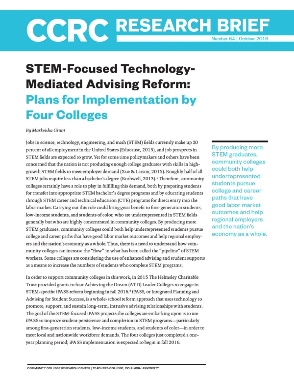 STEM-Focused Technology-Mediated Advising Reform: Plans for Implementation by Four Colleges