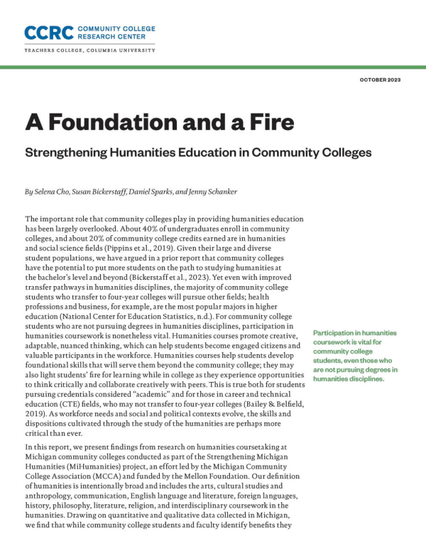 A Foundation and a Fire: Strengthening Humanities Education in Community Colleges