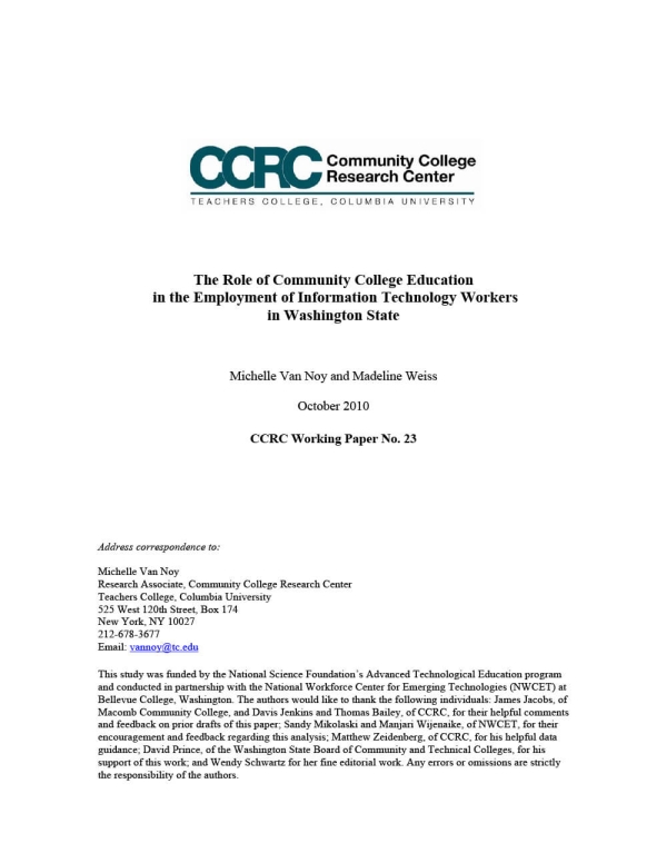 The Role of Community College Education in the Employment of Information Technology Workers in Washington State