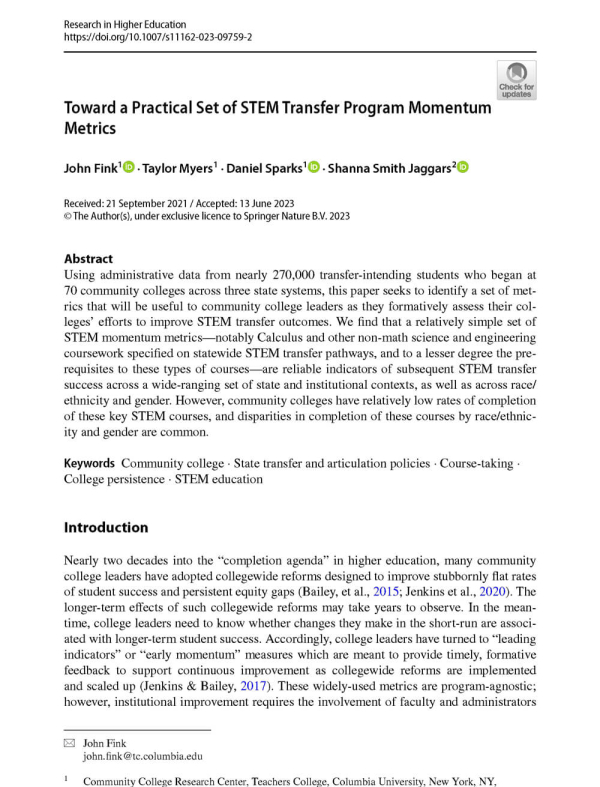 Toward a Practical Set of STEM Transfer Program Momentum Metrics