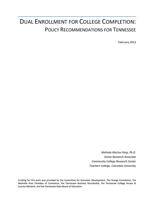 Dual Enrollment for College Completion: Policy Recommendations for Tennessee