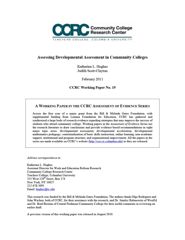 Assessing Developmental Assessment in Community Colleges (Assessment of Evidence Series)