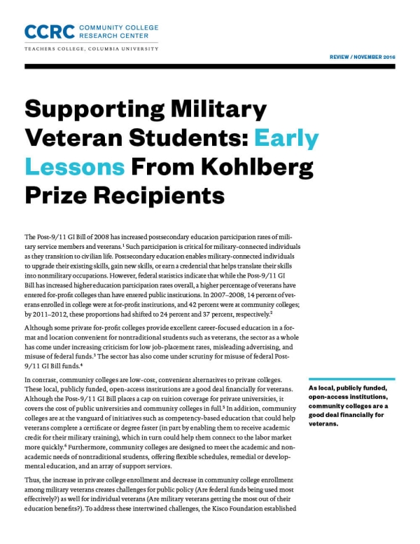 Supporting Military Veteran Students: Early Lessons From Kohlberg Prize Recipients