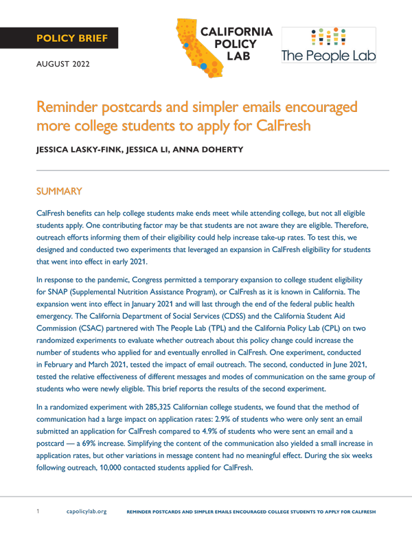 Cover image of reminder postcards and simpler emails encouraged more college students apply for calfresh brief