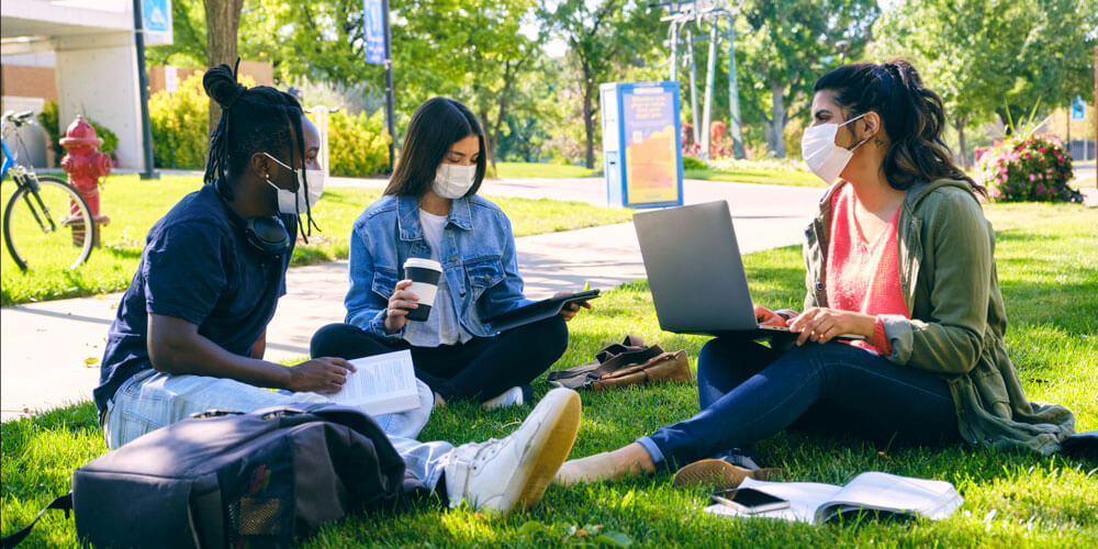 Three college students in masks studying in grass