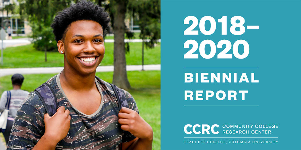 A smiling student carries a backpack. The text reads 2018-2020 Biennial Report