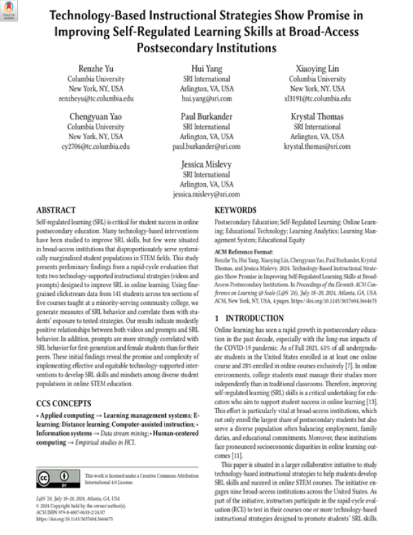 Technology-Based Instructional Strategies Show Promise in Improving Self-Regulated Learning Skills at Broad-Access Postsecondary Institutions