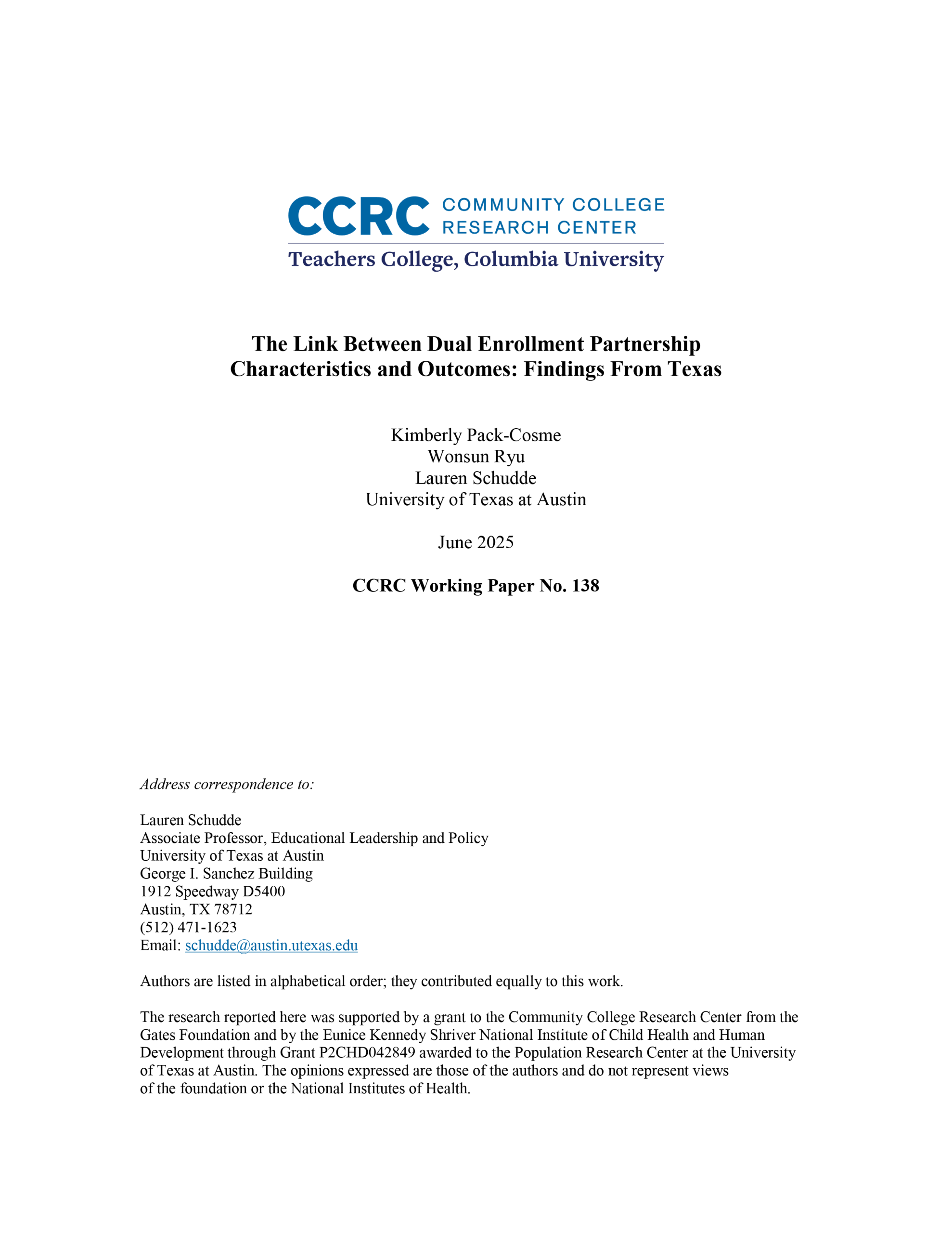 The Link Between Dual Enrollment Partnership Characteristics and Outcomes: Findings From Texas