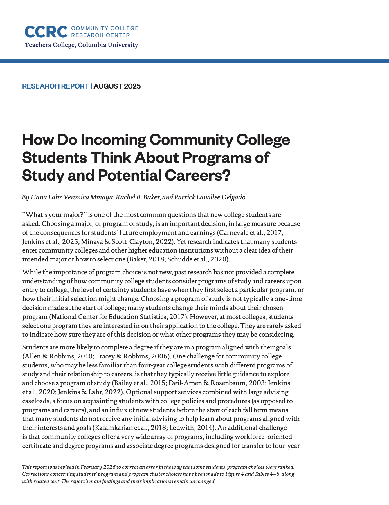 How Do Incoming Community College Students Think About Programs of Study and Potential Careers?