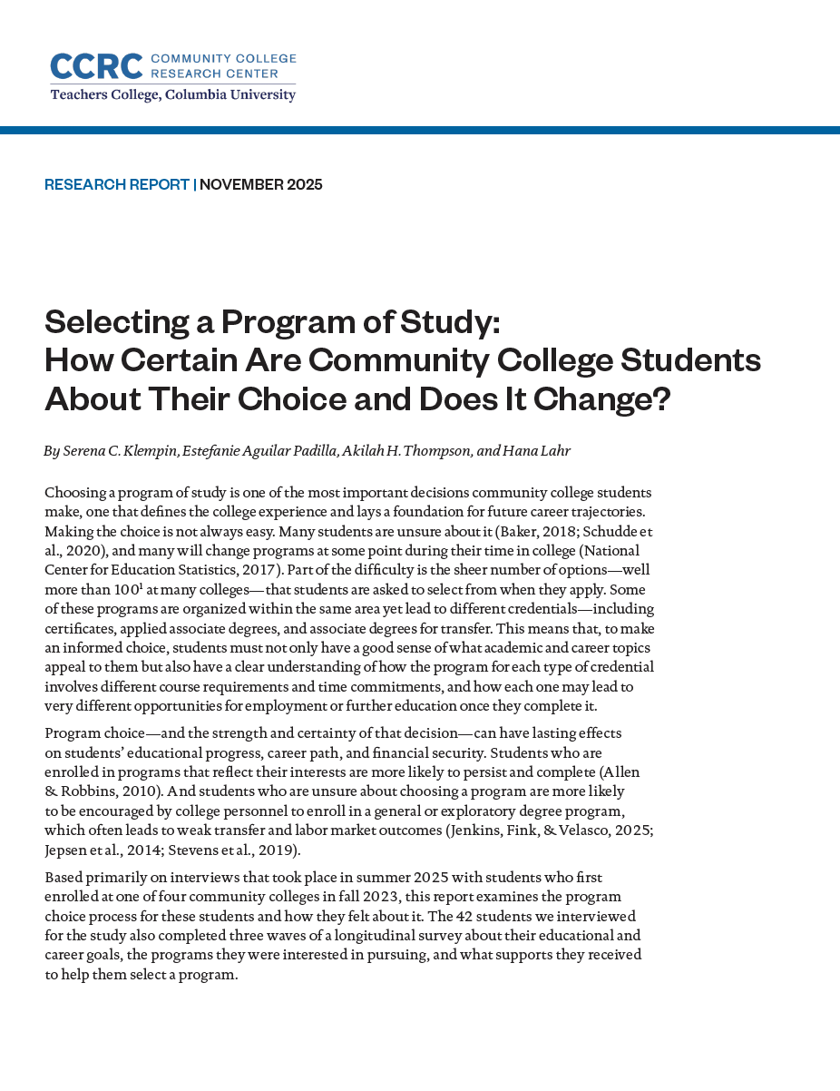 Selecting a Program of Study: How Certain Are Community College Students About Their Choice and Does It Change?