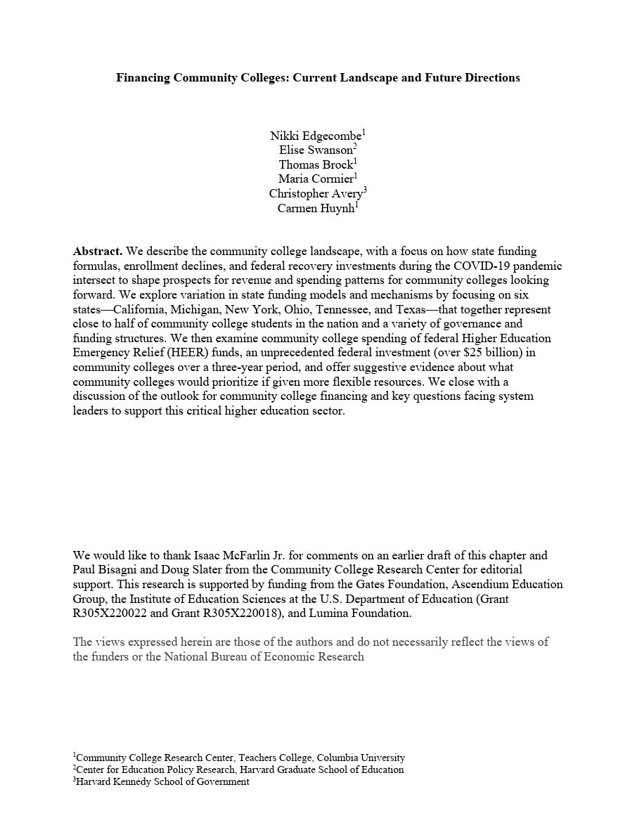 Financing Community Colleges: Current Landscape and Future Directions