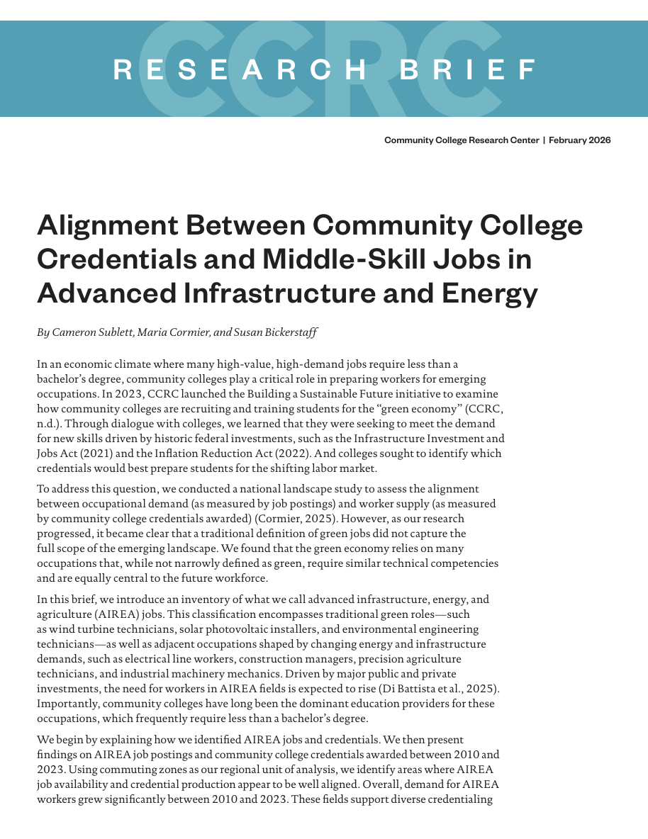 Alignment Between Community College Credentials and Middle-Skill Jobs in Advanced Infrastructure and Energy