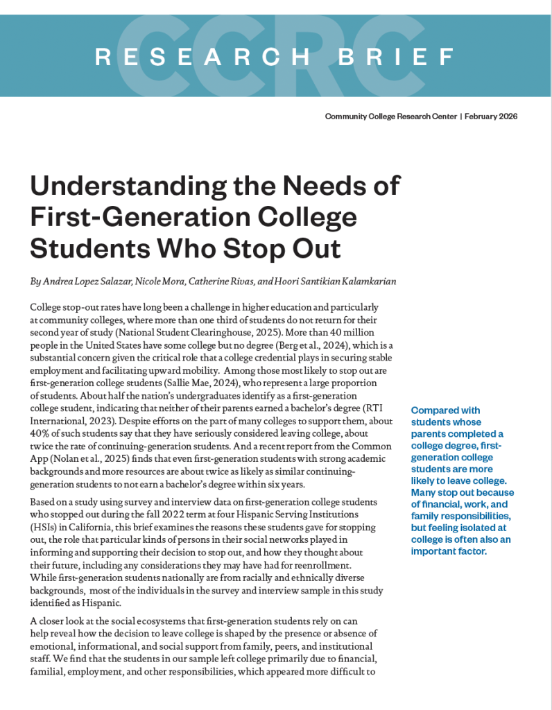 Cover of report, "Understanding the Needs of First-Generation College Students Who Stop Out"