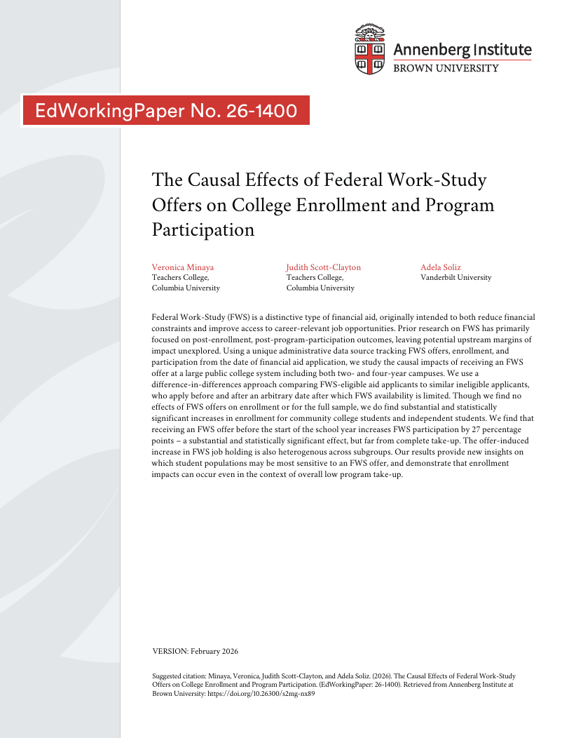 The Causal Effects of Federal Work-Study Offers on College Enrollment and Program Participation