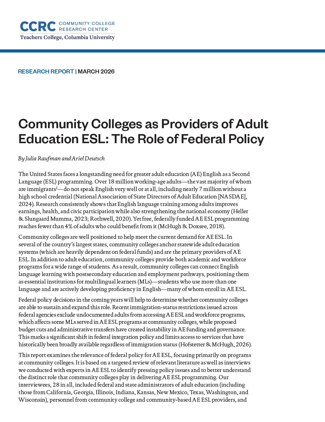 Community Colleges as Providers of Adult Education ESL: The Role of Federal Policy