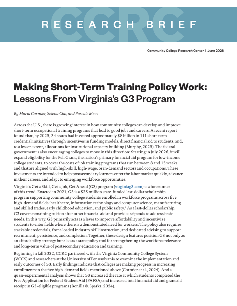 Making Short-Term Training Policy Work: Lessons From Virginia’s G3 Program