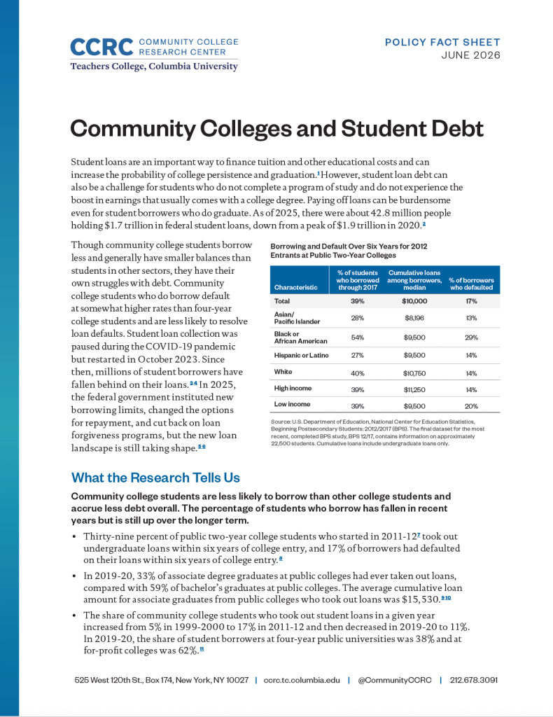 Cover for the Community colleges and Student Debt fact sheet