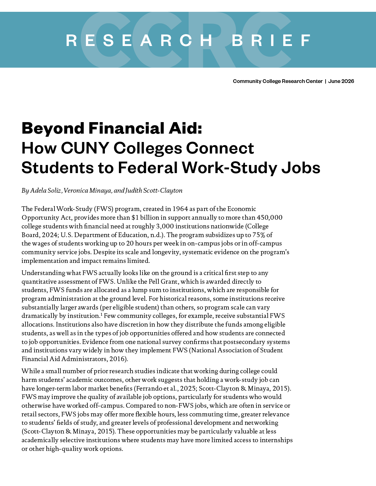 Front cover of brief titled Beyond Financial Aid: How CUNY Colleges Connect Students to Federal Work-Study Jobs