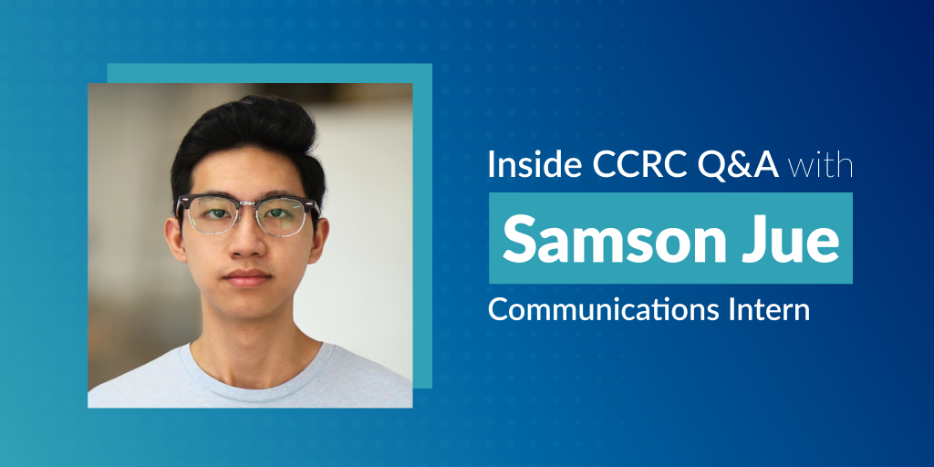 Headshot of Samson Jue with his title, Communications Intern